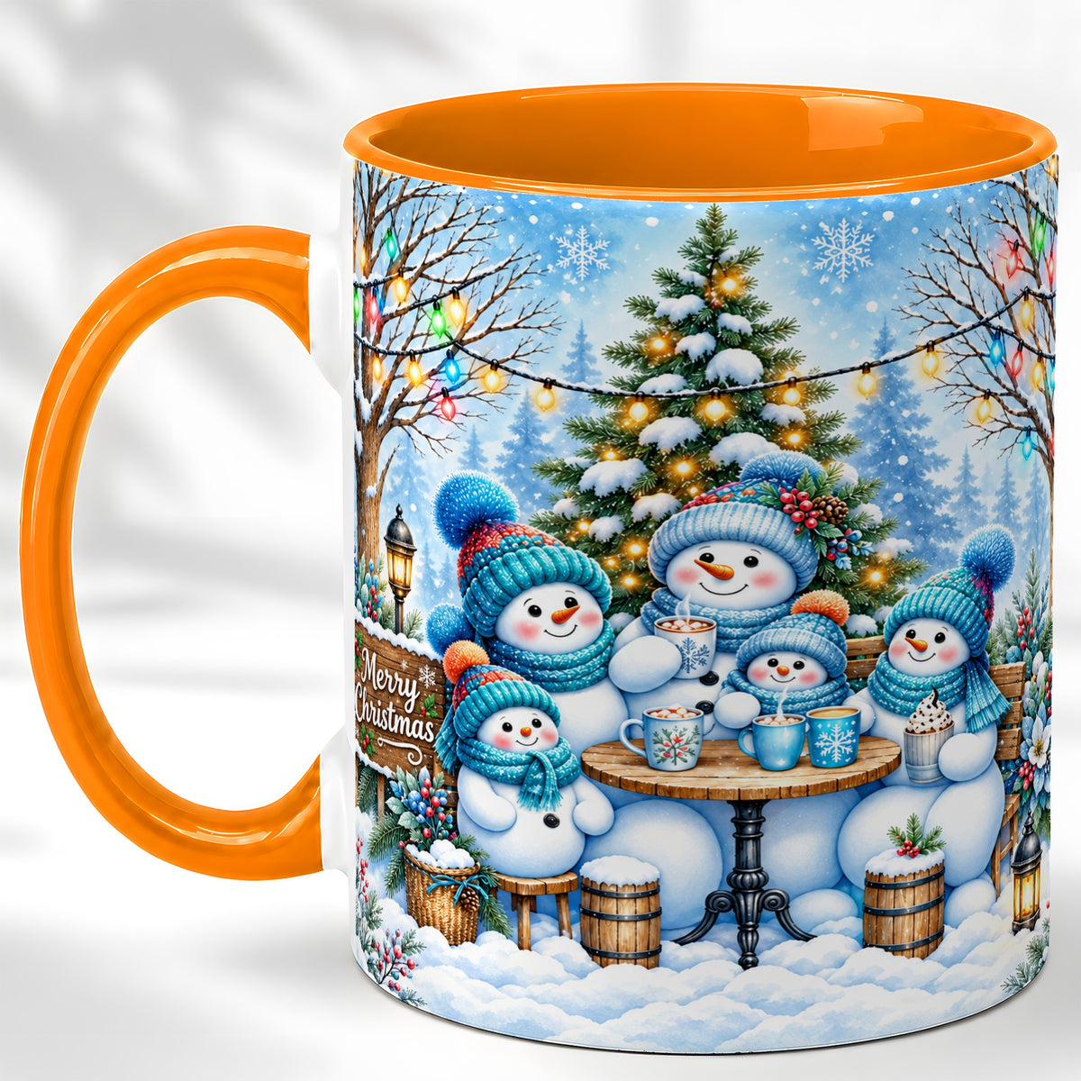 #pl[11oz|Orange] Snowman Family Coffee Mug, Christmas Cocoa Snowmen Mug, Ceramic Cup