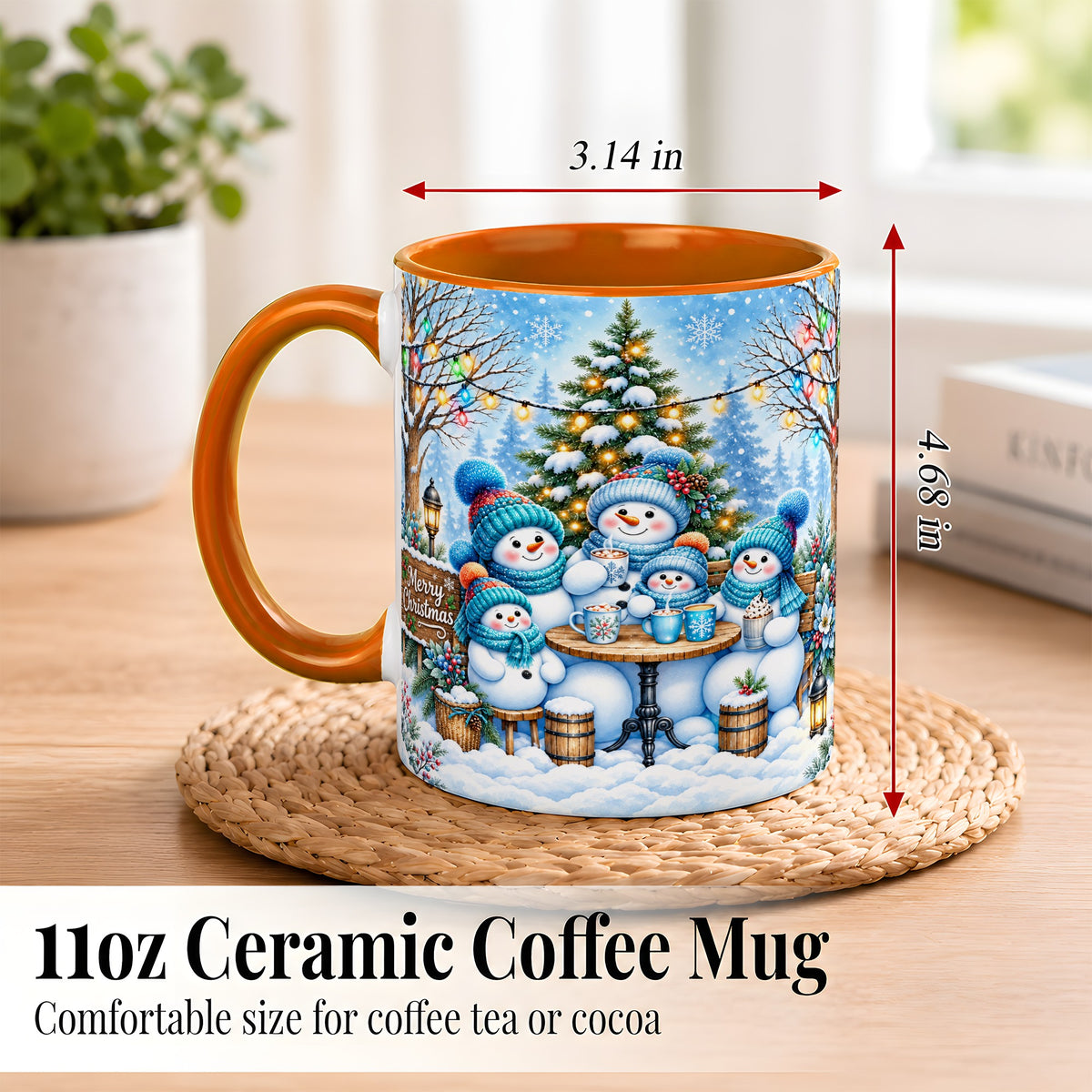 #pl[11oz|Orange] Snowman Family Coffee Mug, Christmas Cocoa Snowmen Mug, Ceramic Cup