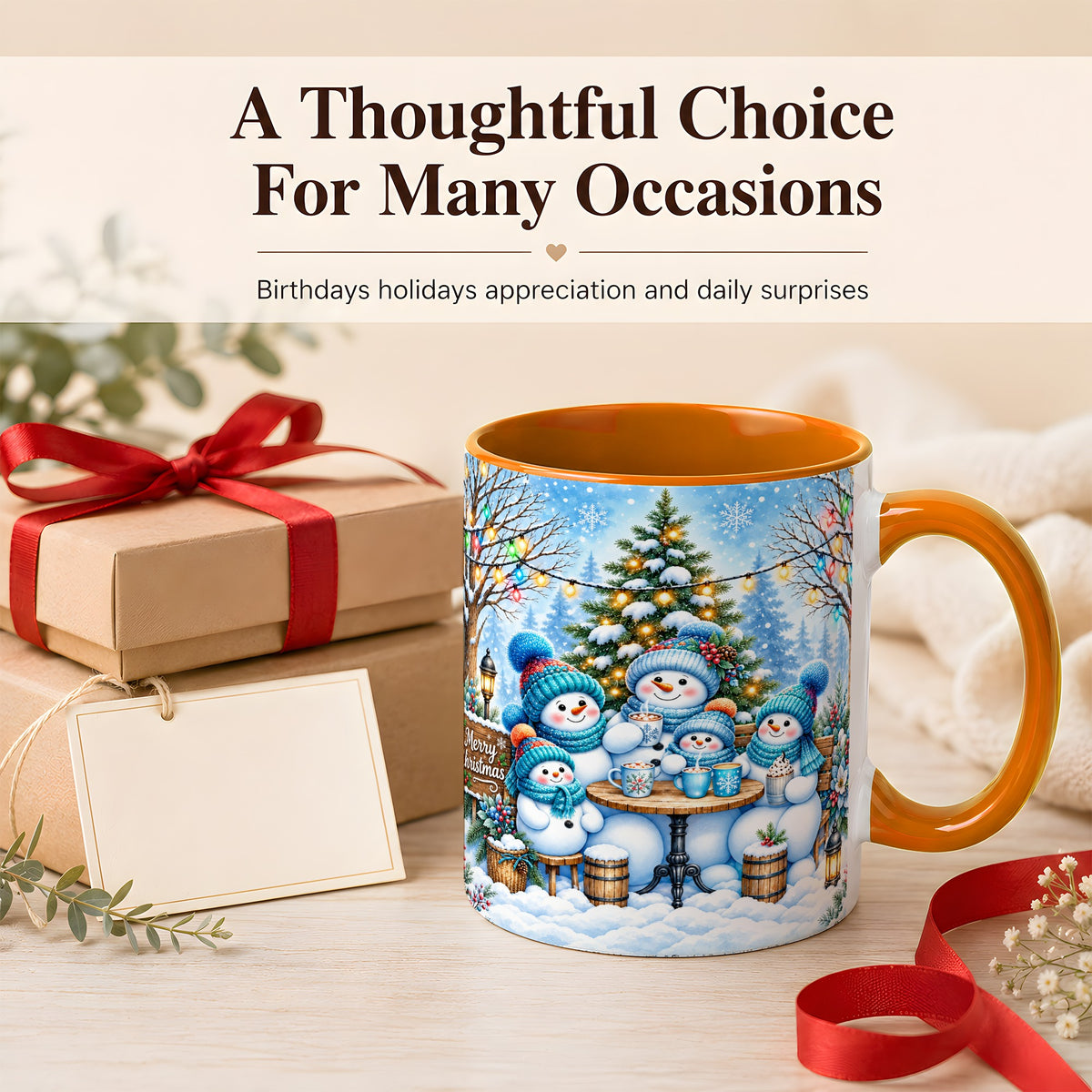 #pl[11oz|Orange] Snowman Family Coffee Mug, Christmas Cocoa Snowmen Mug, Ceramic Cup