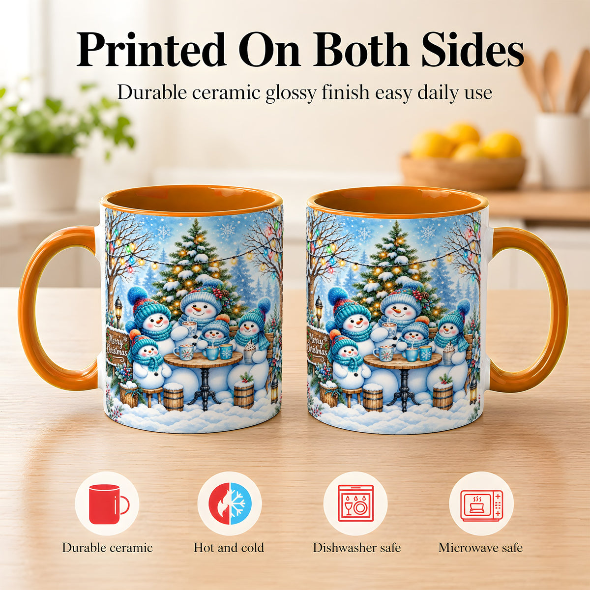 #pl[11oz|Orange] Snowman Family Coffee Mug, Christmas Cocoa Snowmen Mug, Ceramic Cup