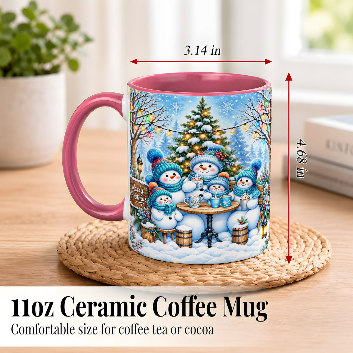 #pl[11oz|Pink] Snowman Family Coffee Mug, Christmas Cocoa Snowmen Mug, Ceramic Cup