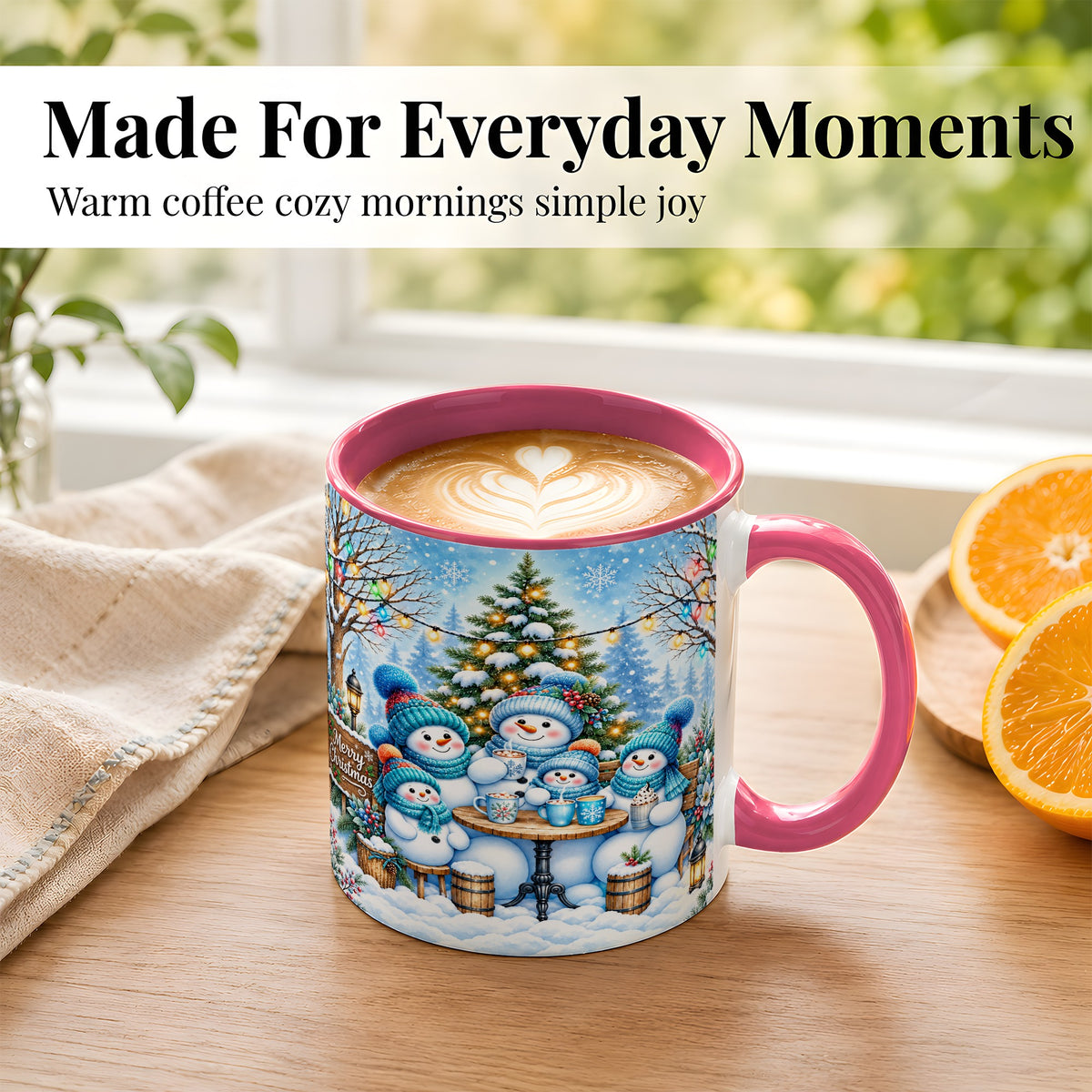 #pl[11oz|Pink] Snowman Family Coffee Mug, Christmas Cocoa Snowmen Mug, Ceramic Cup