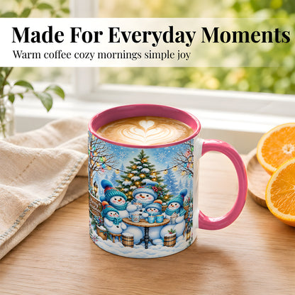 #pl[11oz|Pink] Snowman Family Coffee Mug, Christmas Cocoa Snowmen Mug, Ceramic Cup