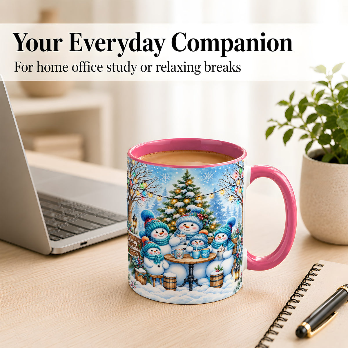 #pl[11oz|Pink] Snowman Family Coffee Mug, Christmas Cocoa Snowmen Mug, Ceramic Cup