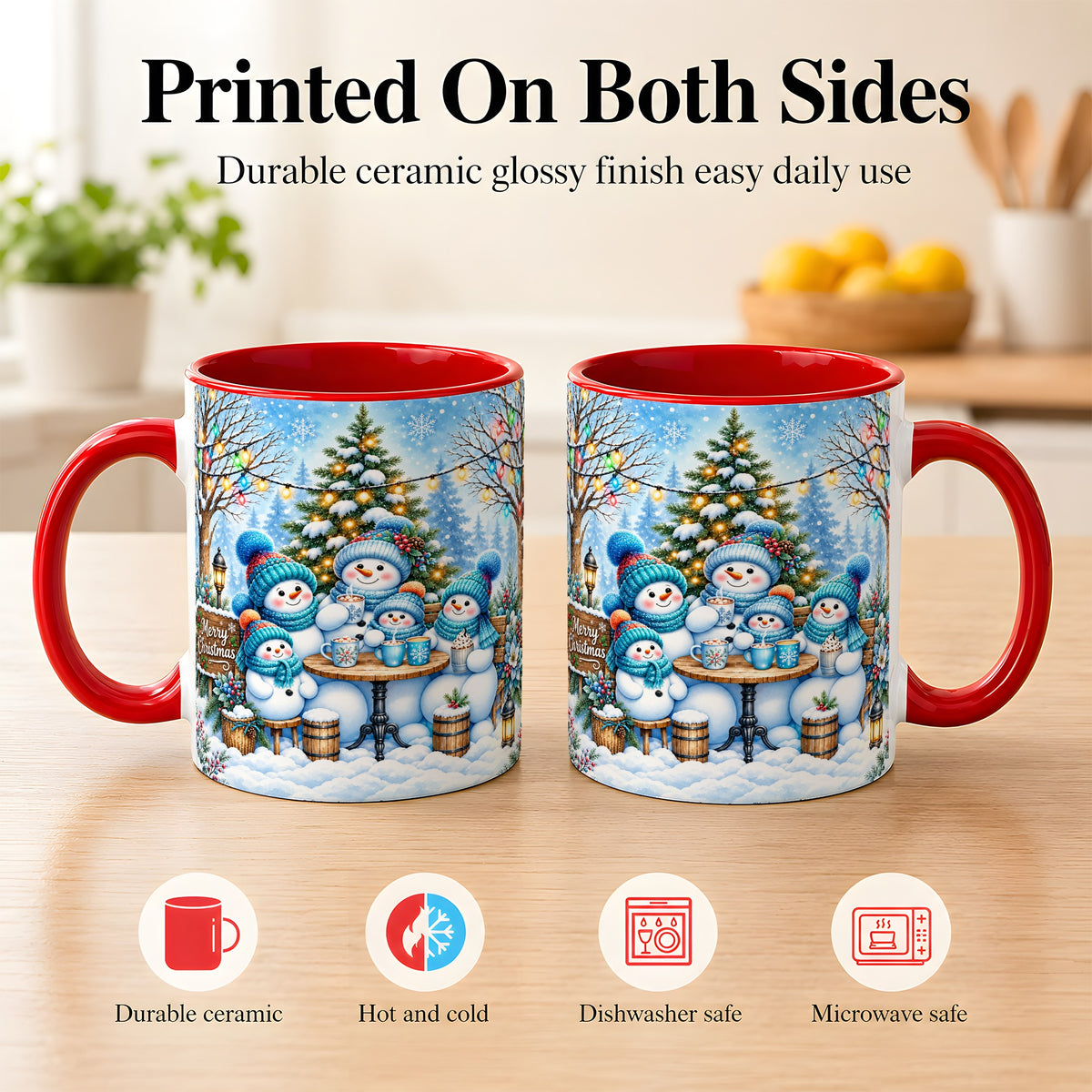 #pl[11oz|Red] Snowman Family Coffee Mug, Christmas Cocoa Snowmen Mug, Ceramic Cup