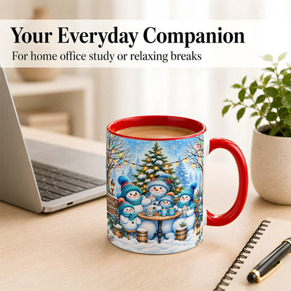#pl[11oz|Red] Snowman Family Coffee Mug, Christmas Cocoa Snowmen Mug, Ceramic Cup