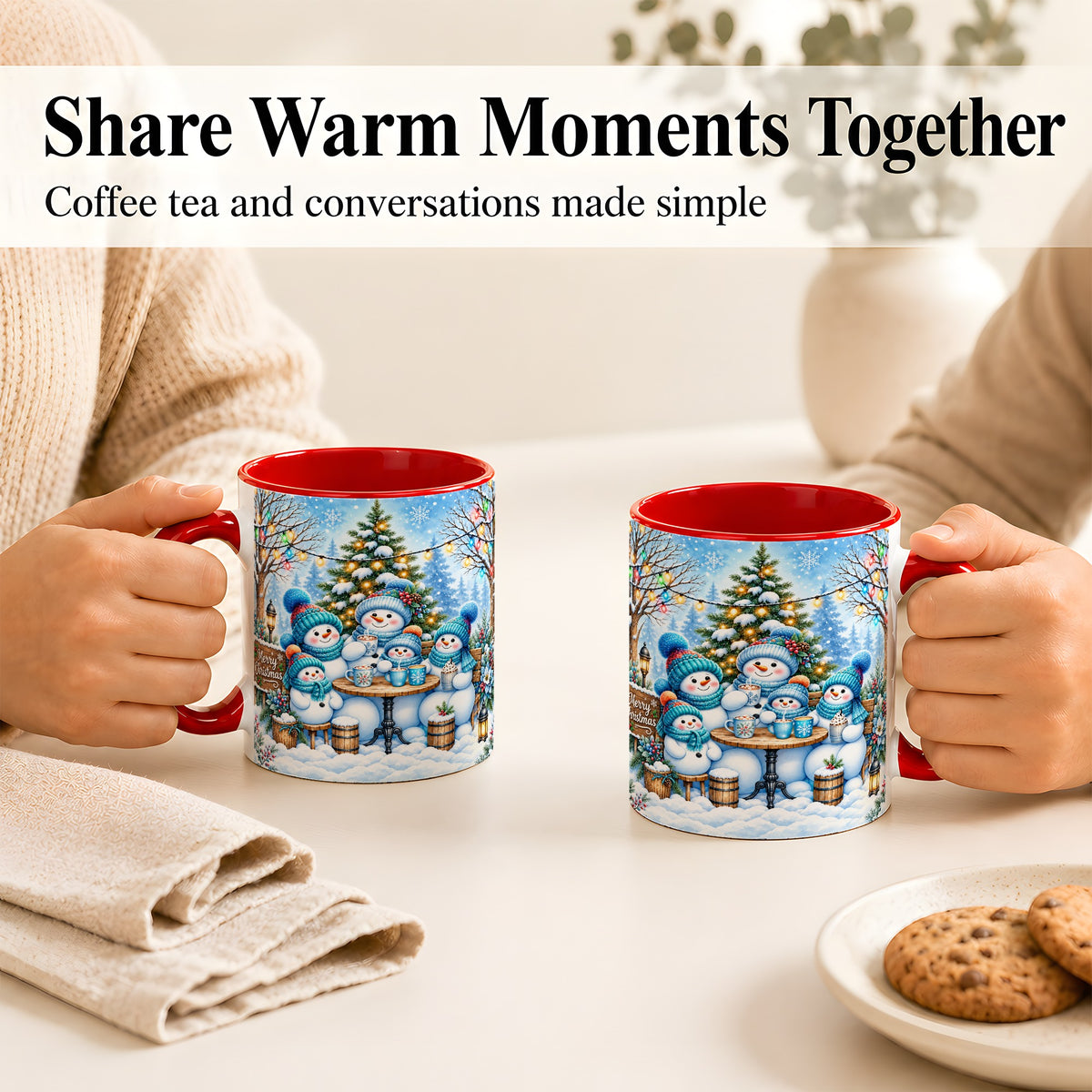 #pl[11oz|Red] Snowman Family Coffee Mug, Christmas Cocoa Snowmen Mug, Ceramic Cup