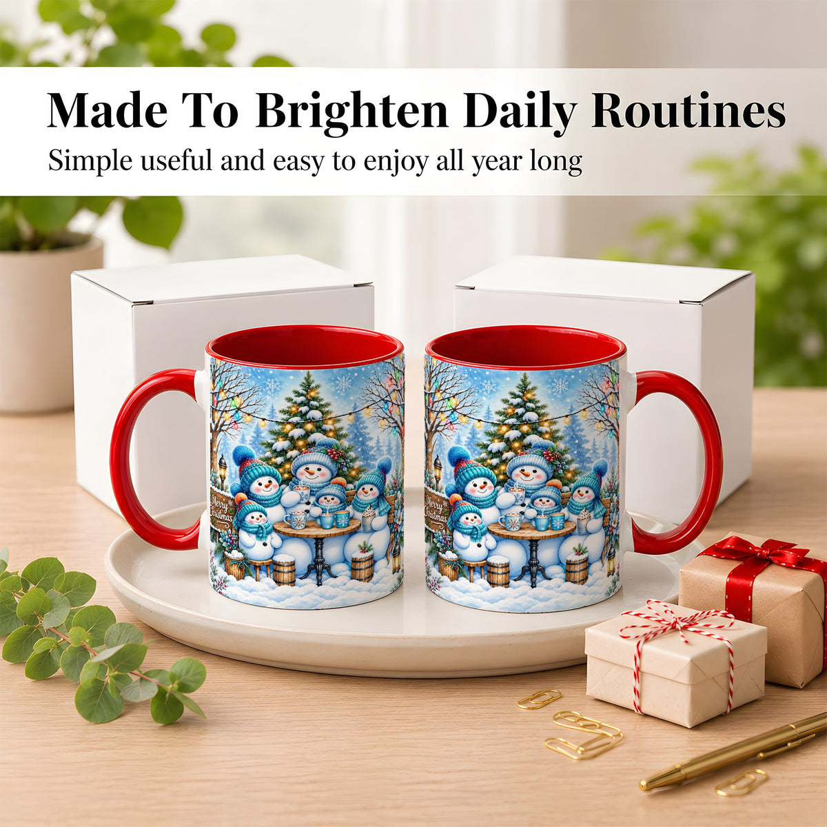 #pl[11oz|Red] Snowman Family Coffee Mug, Christmas Cocoa Snowmen Mug, Ceramic Cup
