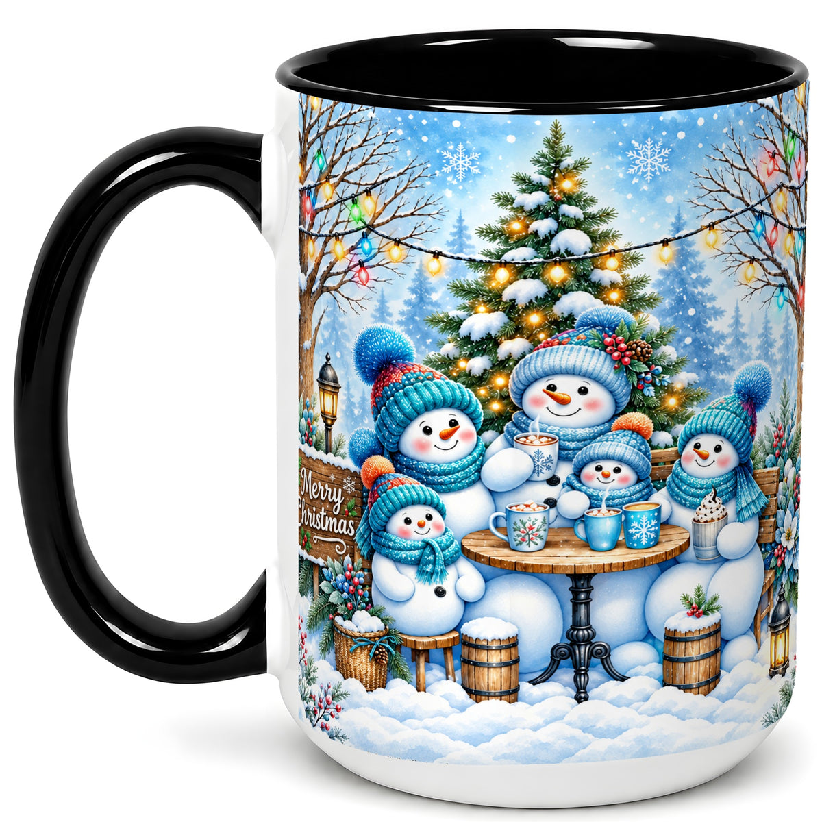 #pl[15oz|Black] Snowman Family Coffee Mug, Christmas Cocoa Snowmen Mug, Ceramic Cup