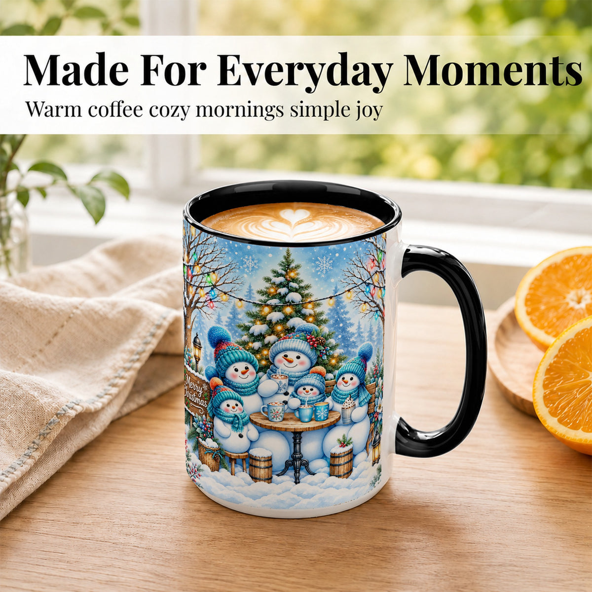 #pl[15oz|Black] Snowman Family Coffee Mug, Christmas Cocoa Snowmen Mug, Ceramic Cup