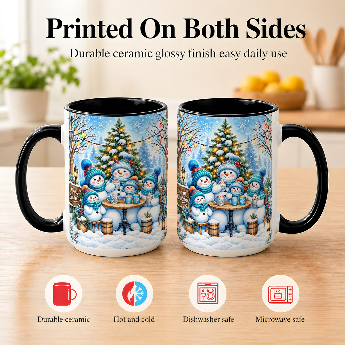 #pl[15oz|Black] Snowman Family Coffee Mug, Christmas Cocoa Snowmen Mug, Ceramic Cup
