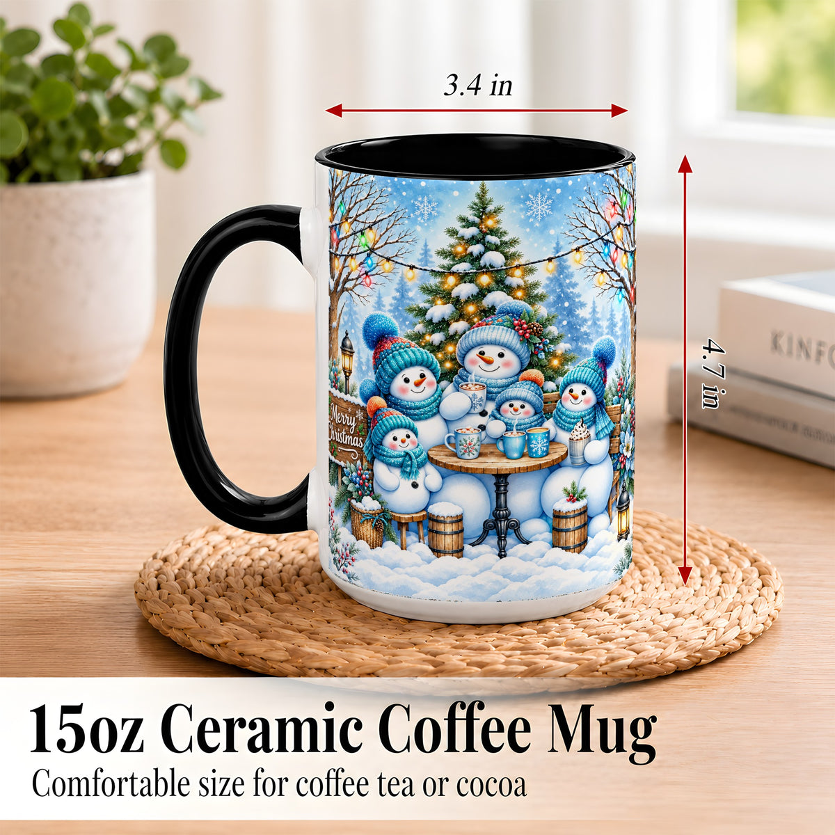 #pl[15oz|Black] Snowman Family Coffee Mug, Christmas Cocoa Snowmen Mug, Ceramic Cup