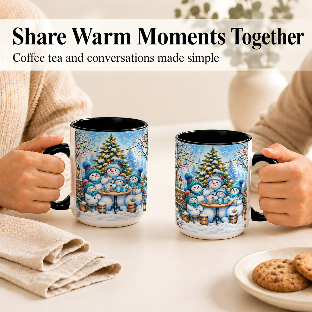 #pl[15oz|Black] Snowman Family Coffee Mug, Christmas Cocoa Snowmen Mug, Ceramic Cup