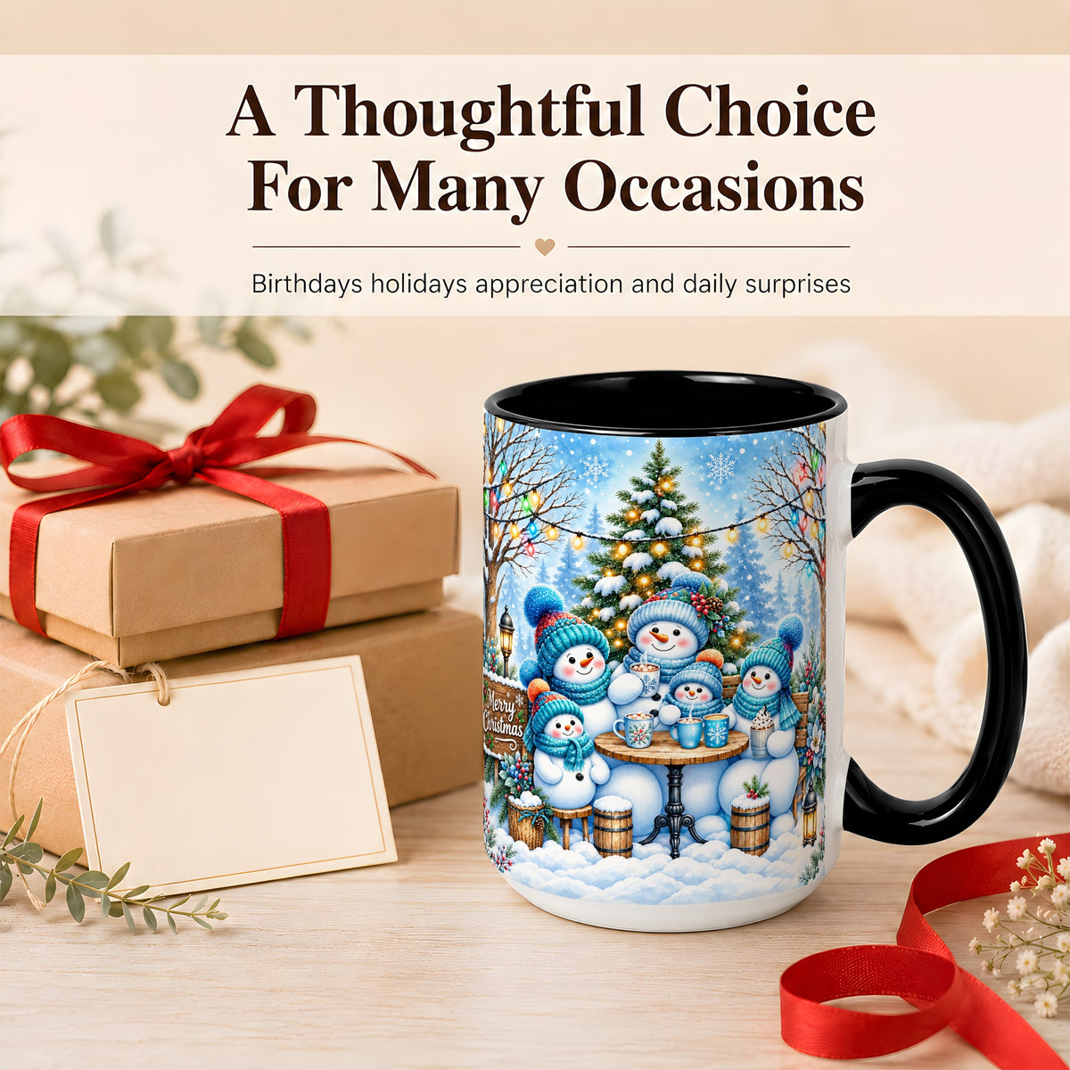 #pl[15oz|Black] Snowman Family Coffee Mug, Christmas Cocoa Snowmen Mug, Ceramic Cup