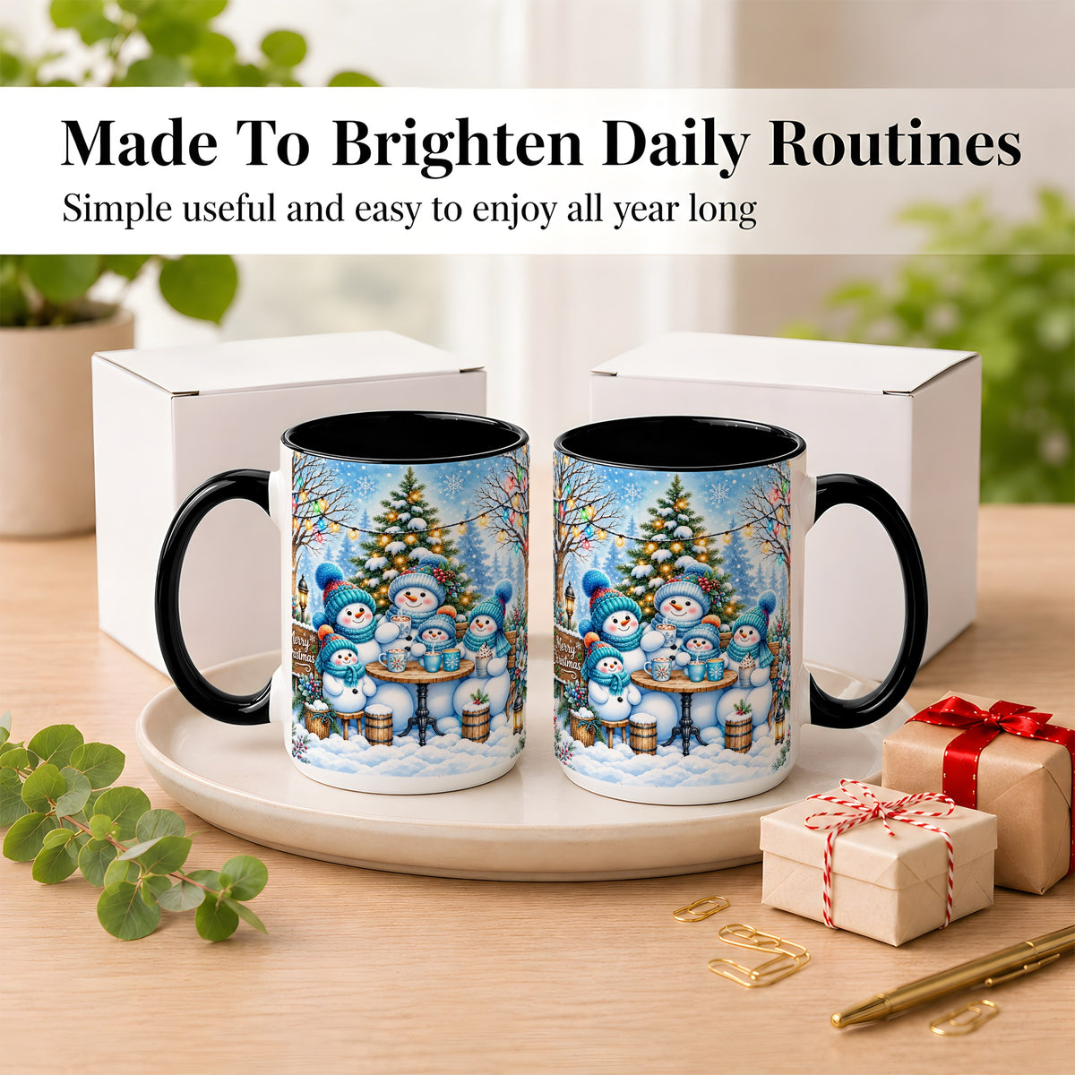 #pl[15oz|Black] Snowman Family Coffee Mug, Christmas Cocoa Snowmen Mug, Ceramic Cup