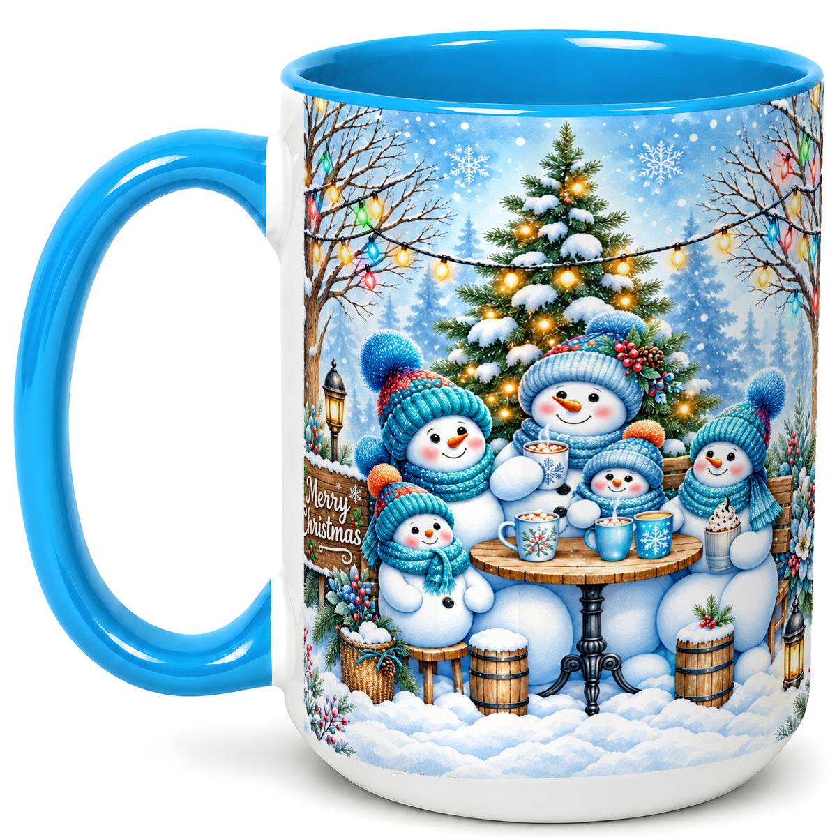 #pl[15oz|Blue] Snowman Family Coffee Mug, Christmas Cocoa Snowmen Mug, Ceramic Cup