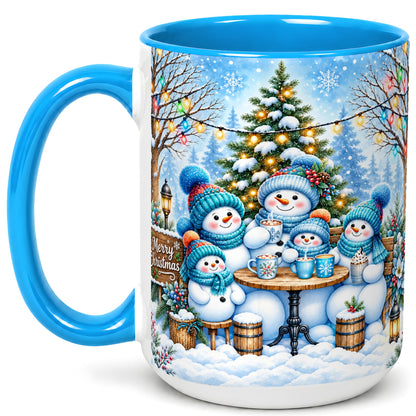#pl[15oz|Blue] Snowman Family Coffee Mug, Christmas Cocoa Snowmen Mug, Ceramic Cup