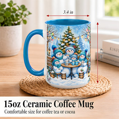 #pl[15oz|Blue] Snowman Family Coffee Mug, Christmas Cocoa Snowmen Mug, Ceramic Cup