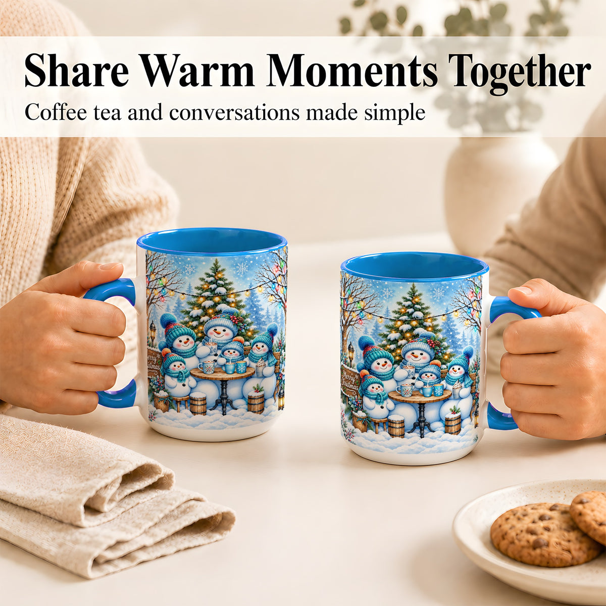 #pl[15oz|Blue] Snowman Family Coffee Mug, Christmas Cocoa Snowmen Mug, Ceramic Cup