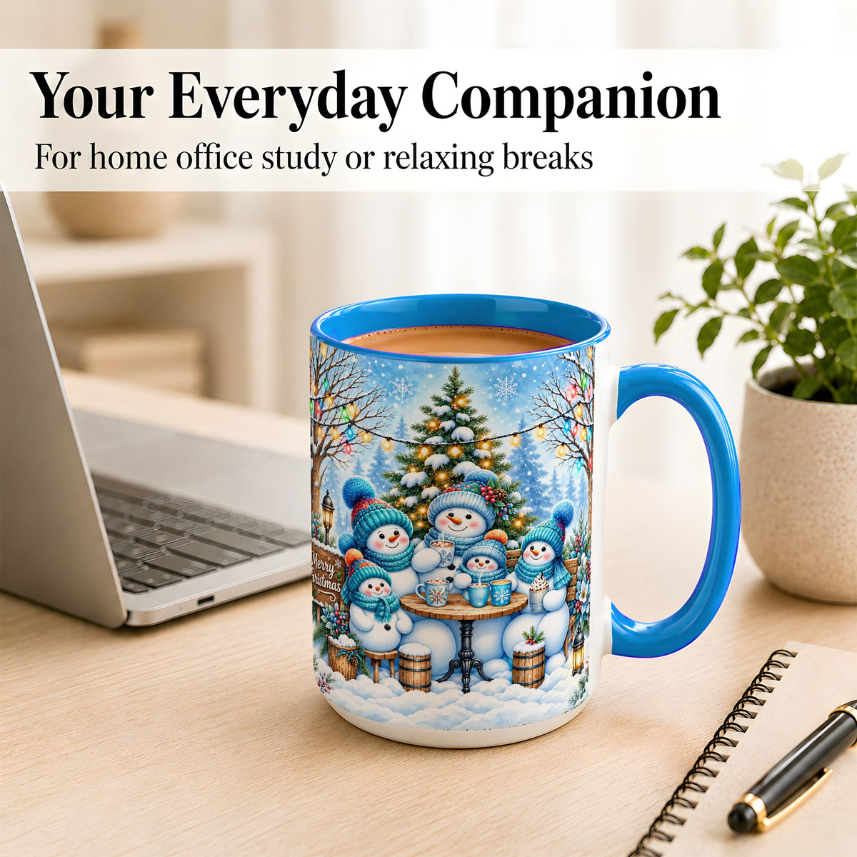 #pl[15oz|Blue] Snowman Family Coffee Mug, Christmas Cocoa Snowmen Mug, Ceramic Cup