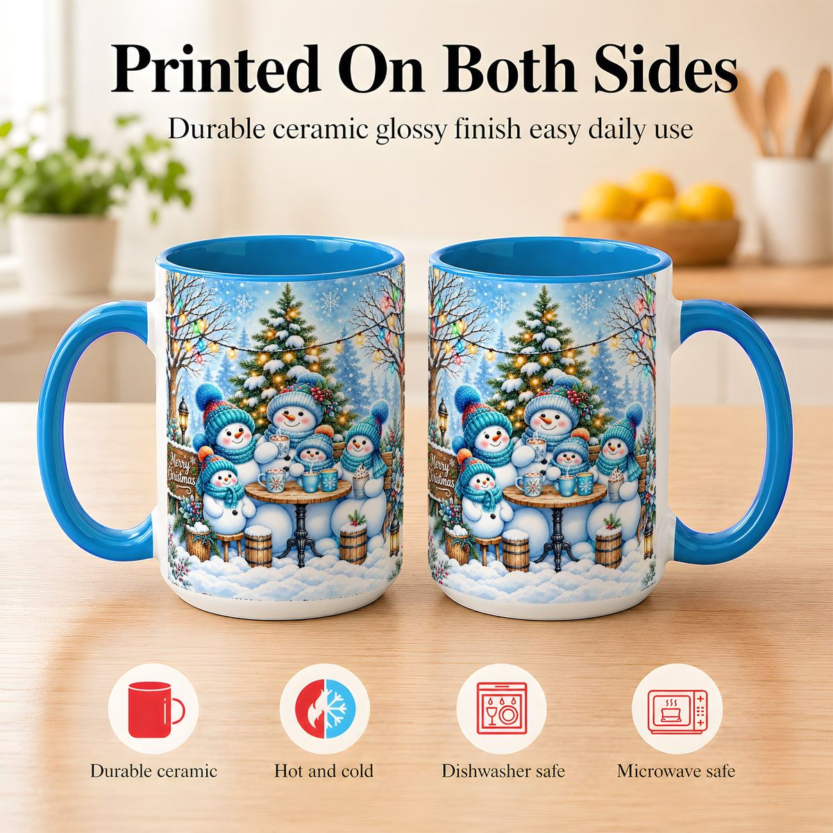 #pl[15oz|Blue] Snowman Family Coffee Mug, Christmas Cocoa Snowmen Mug, Ceramic Cup