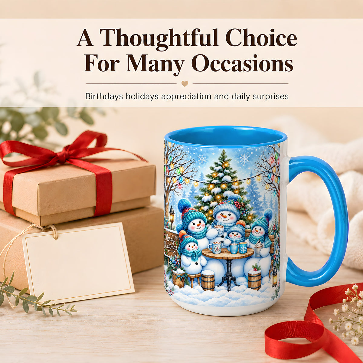 #pl[15oz|Blue] Snowman Family Coffee Mug, Christmas Cocoa Snowmen Mug, Ceramic Cup