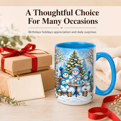#pl[15oz|Blue] Snowman Family Coffee Mug, Christmas Cocoa Snowmen Mug, Ceramic Cup