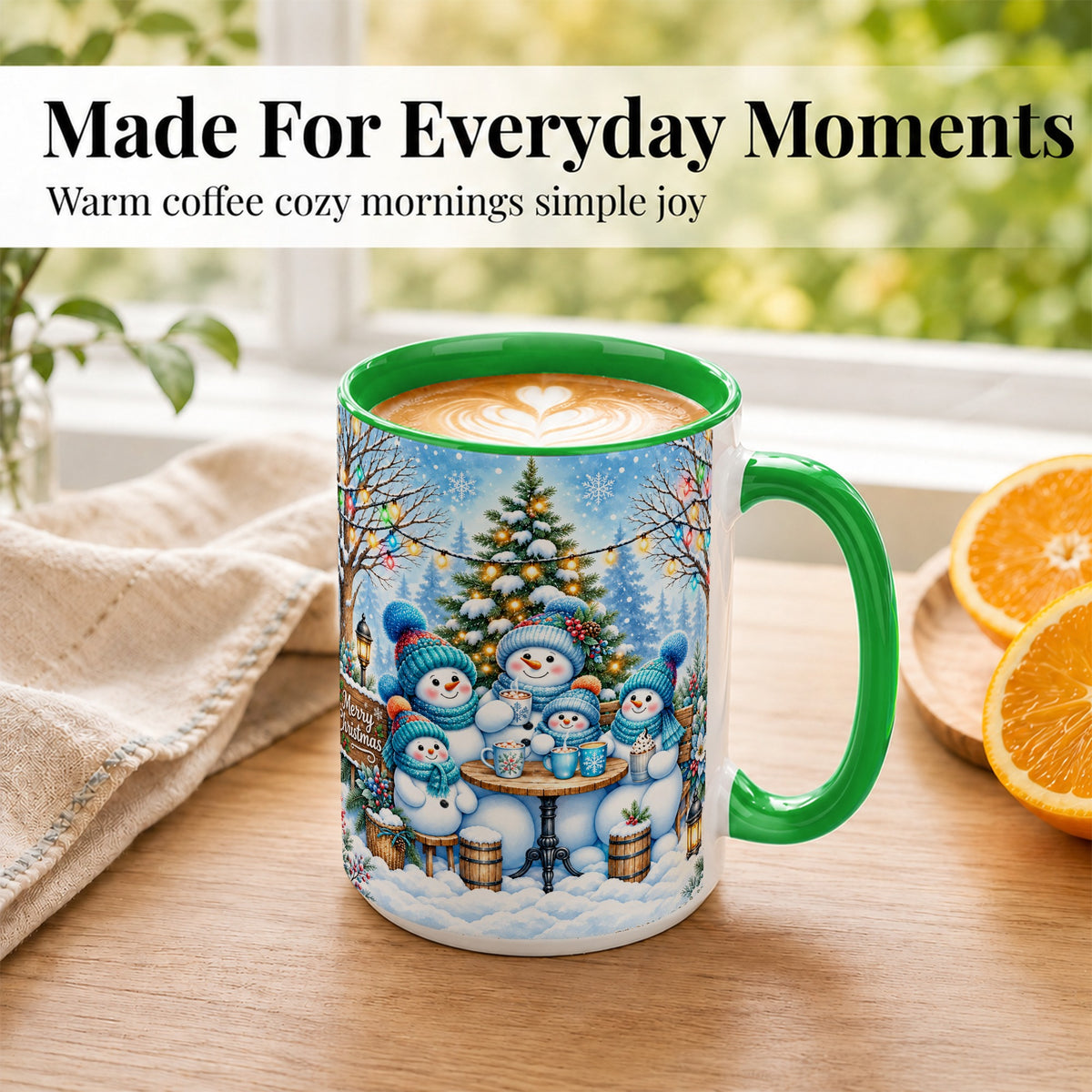 #pl[15oz|Green] Snowman Family Coffee Mug, Christmas Cocoa Snowmen Mug, Ceramic Cup