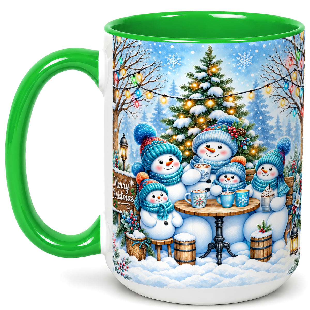 #pl[15oz|Green] Snowman Family Coffee Mug, Christmas Cocoa Snowmen Mug, Ceramic Cup