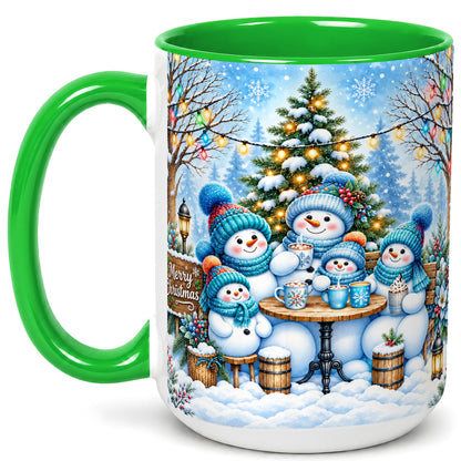 #pl[15oz|Green] Snowman Family Coffee Mug, Christmas Cocoa Snowmen Mug, Ceramic Cup