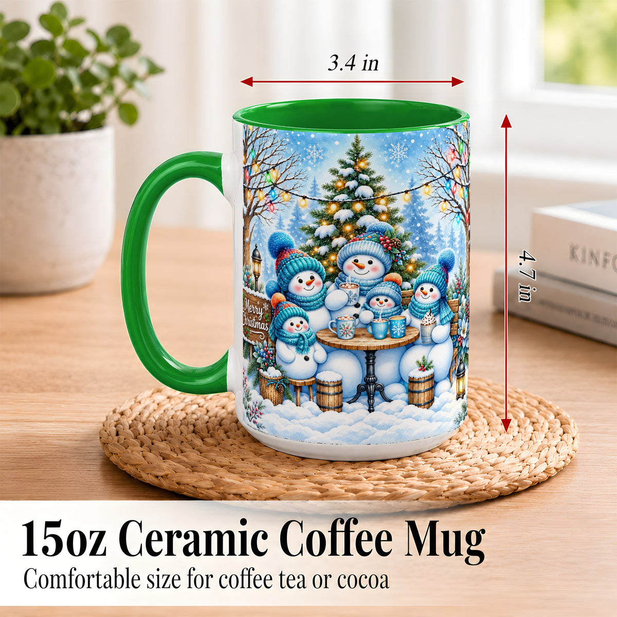 #pl[15oz|Green] Snowman Family Coffee Mug, Christmas Cocoa Snowmen Mug, Ceramic Cup