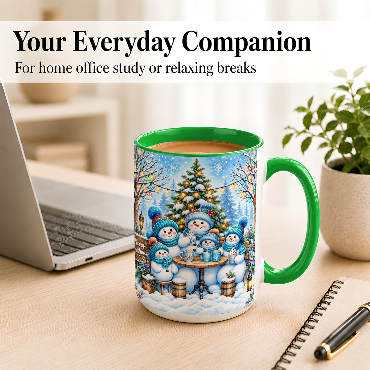 #pl[15oz|Green] Snowman Family Coffee Mug, Christmas Cocoa Snowmen Mug, Ceramic Cup