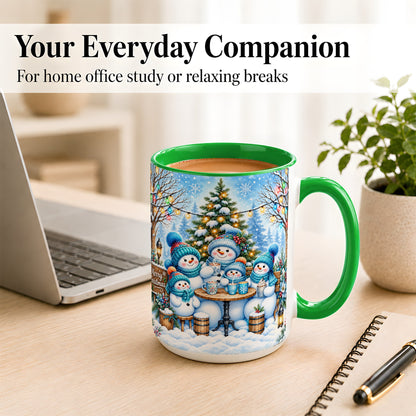 #pl[15oz|Green] Snowman Family Coffee Mug, Christmas Cocoa Snowmen Mug, Ceramic Cup