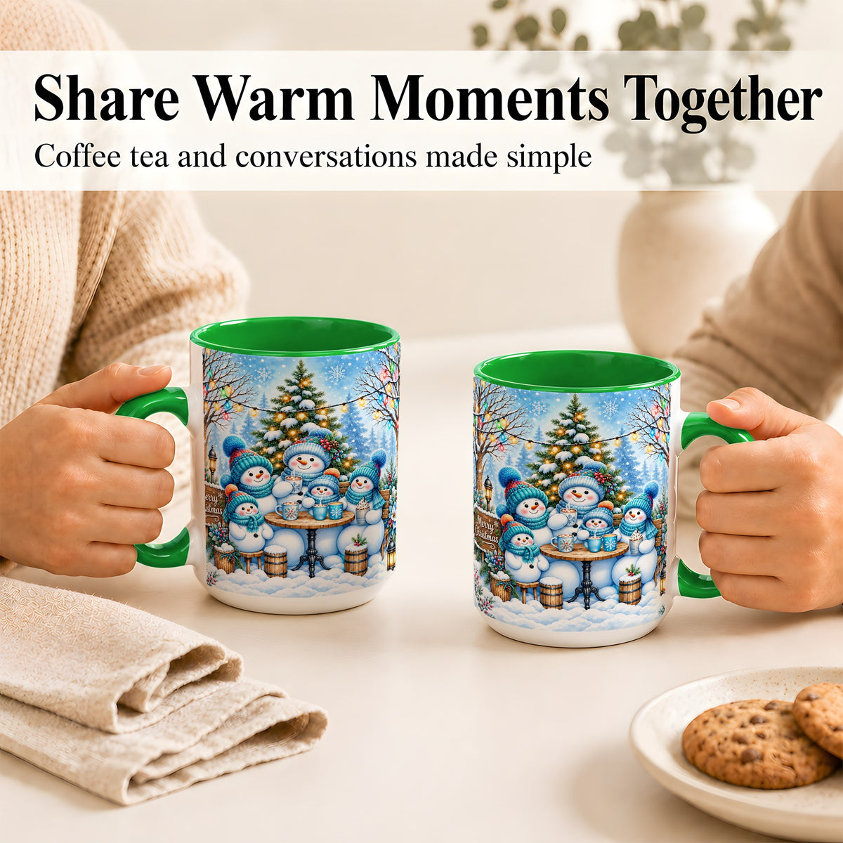 #pl[15oz|Green] Snowman Family Coffee Mug, Christmas Cocoa Snowmen Mug, Ceramic Cup