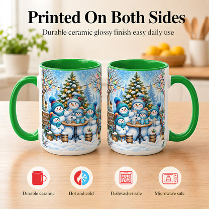 #pl[15oz|Green] Snowman Family Coffee Mug, Christmas Cocoa Snowmen Mug, Ceramic Cup