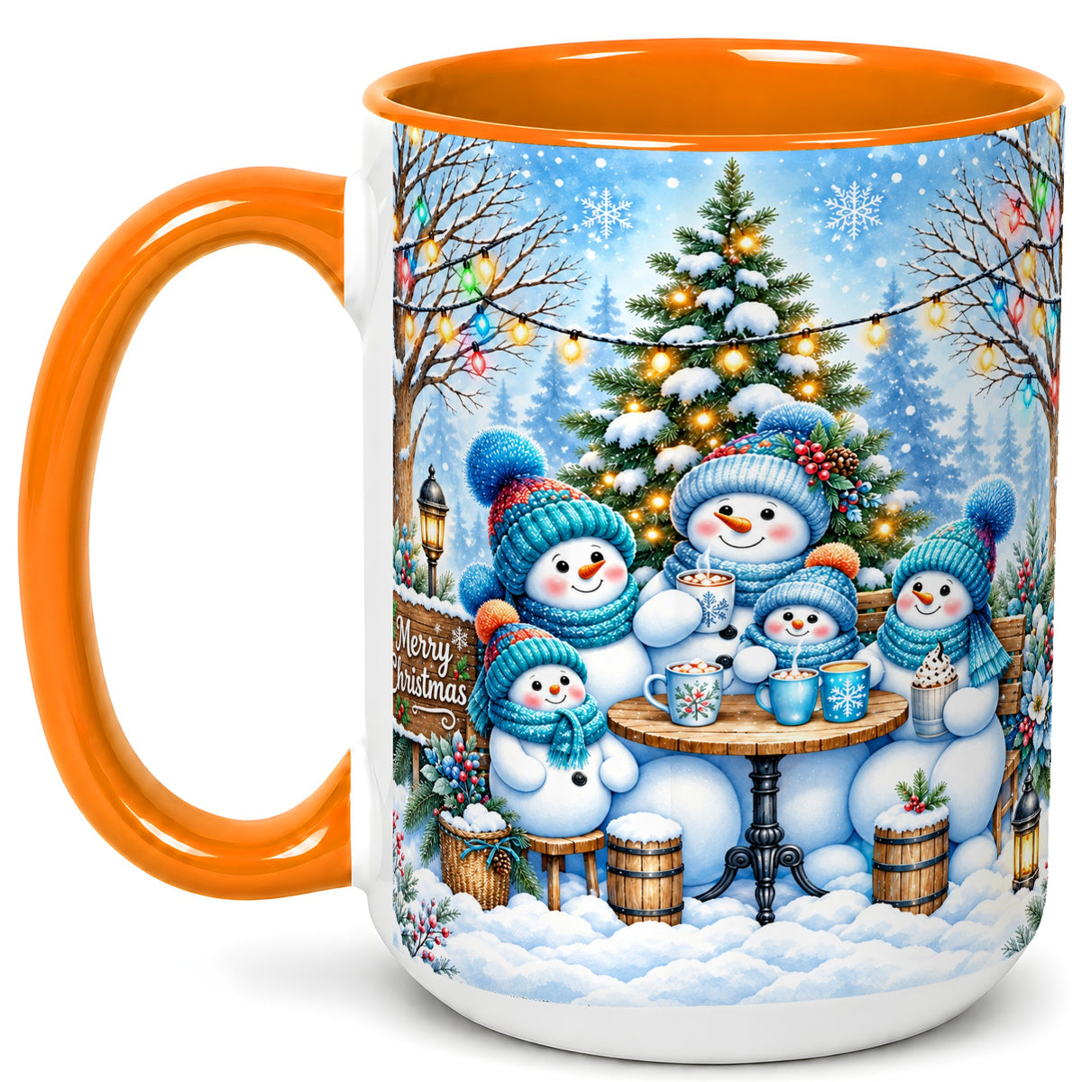 #pl[15oz|Orange] Snowman Family Coffee Mug, Christmas Cocoa Snowmen Mug, Ceramic Cup