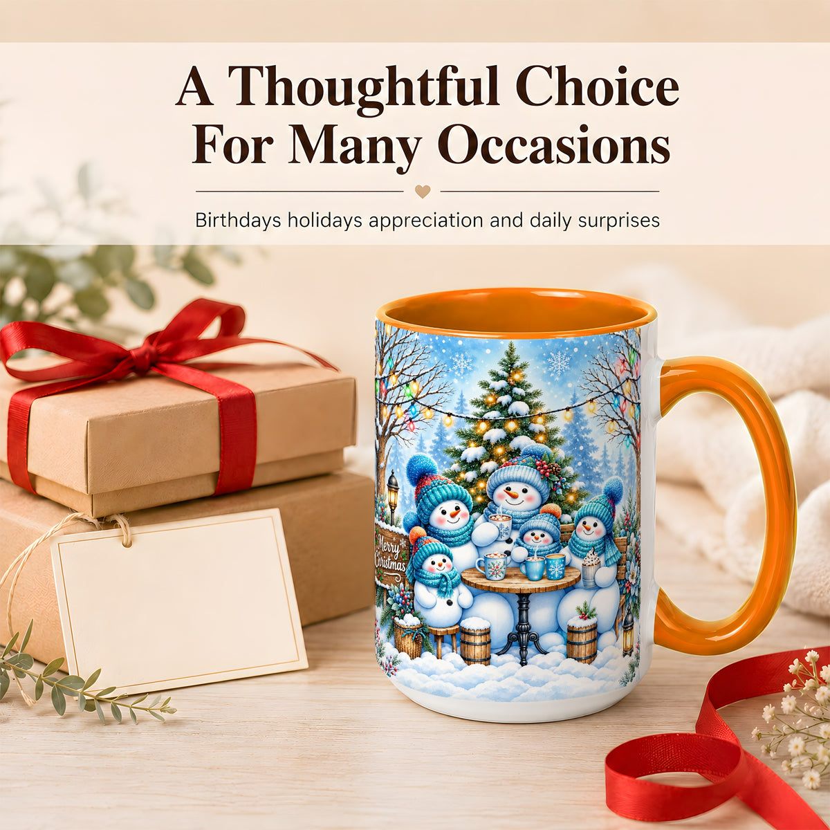 #pl[15oz|Orange] Snowman Family Coffee Mug, Christmas Cocoa Snowmen Mug, Ceramic Cup