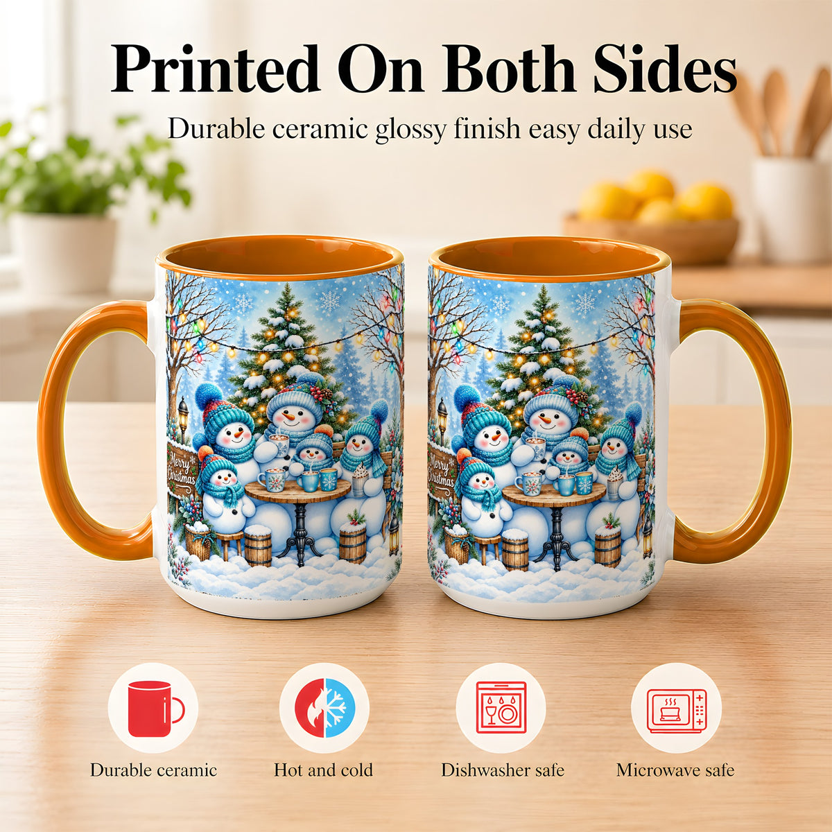 #pl[15oz|Orange] Snowman Family Coffee Mug, Christmas Cocoa Snowmen Mug, Ceramic Cup