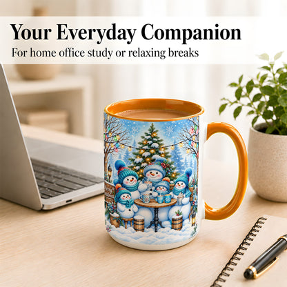 #pl[15oz|Orange] Snowman Family Coffee Mug, Christmas Cocoa Snowmen Mug, Ceramic Cup
