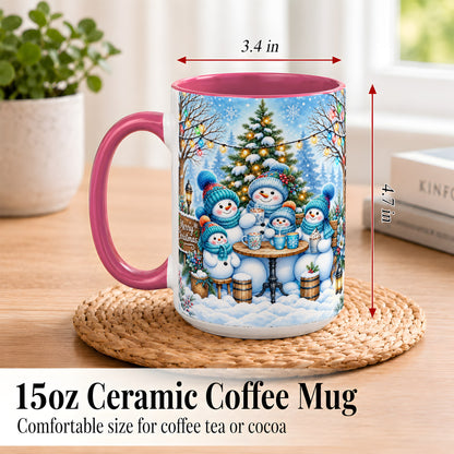 #pl[15oz|Pink] Snowman Family Coffee Mug, Christmas Cocoa Snowmen Mug, Ceramic Cup