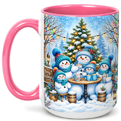 #pl[15oz|Pink] Snowman Family Coffee Mug, Christmas Cocoa Snowmen Mug, Ceramic Cup