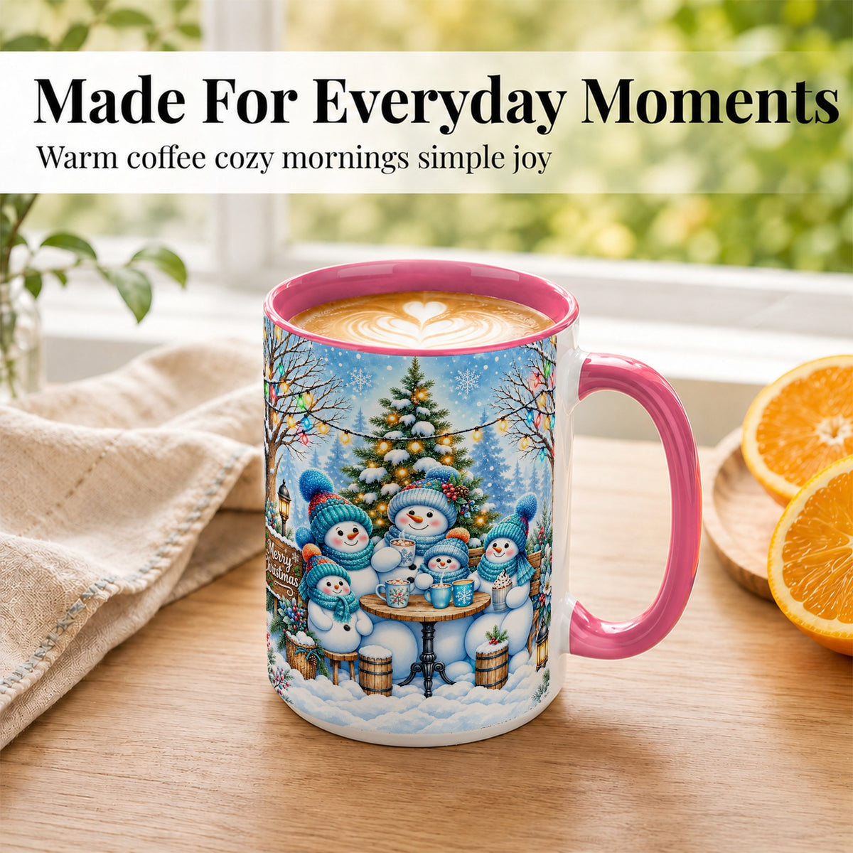 #pl[15oz|Pink] Snowman Family Coffee Mug, Christmas Cocoa Snowmen Mug, Ceramic Cup