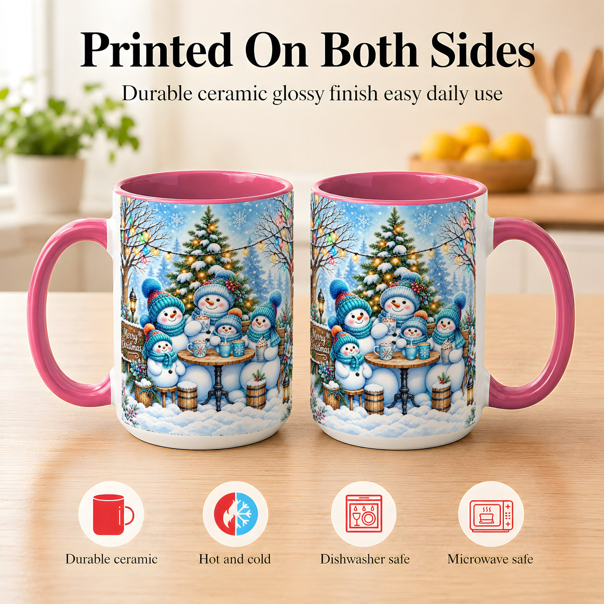 #pl[15oz|Pink] Snowman Family Coffee Mug, Christmas Cocoa Snowmen Mug, Ceramic Cup