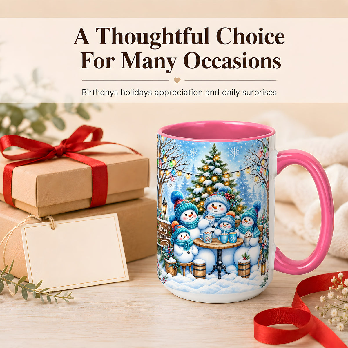 #pl[15oz|Pink] Snowman Family Coffee Mug, Christmas Cocoa Snowmen Mug, Ceramic Cup