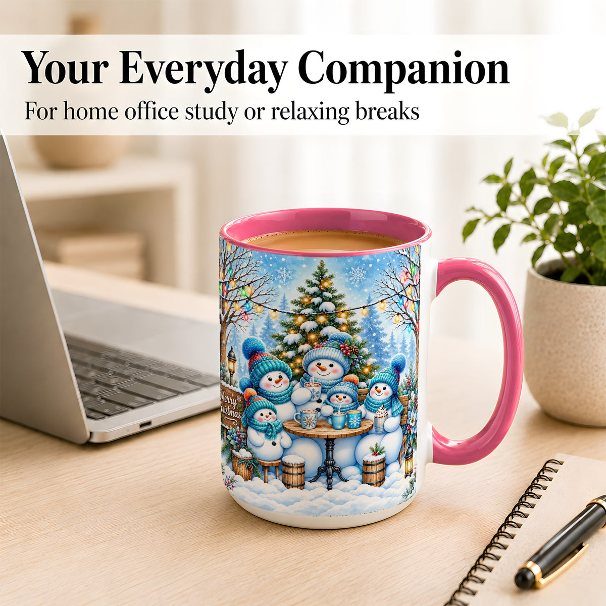 #pl[15oz|Pink] Snowman Family Coffee Mug, Christmas Cocoa Snowmen Mug, Ceramic Cup