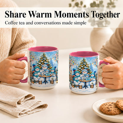 #pl[15oz|Pink] Snowman Family Coffee Mug, Christmas Cocoa Snowmen Mug, Ceramic Cup