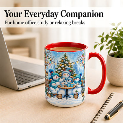 #pl[15oz|Red] Snowman Family Coffee Mug, Christmas Cocoa Snowmen Mug, Ceramic Cup