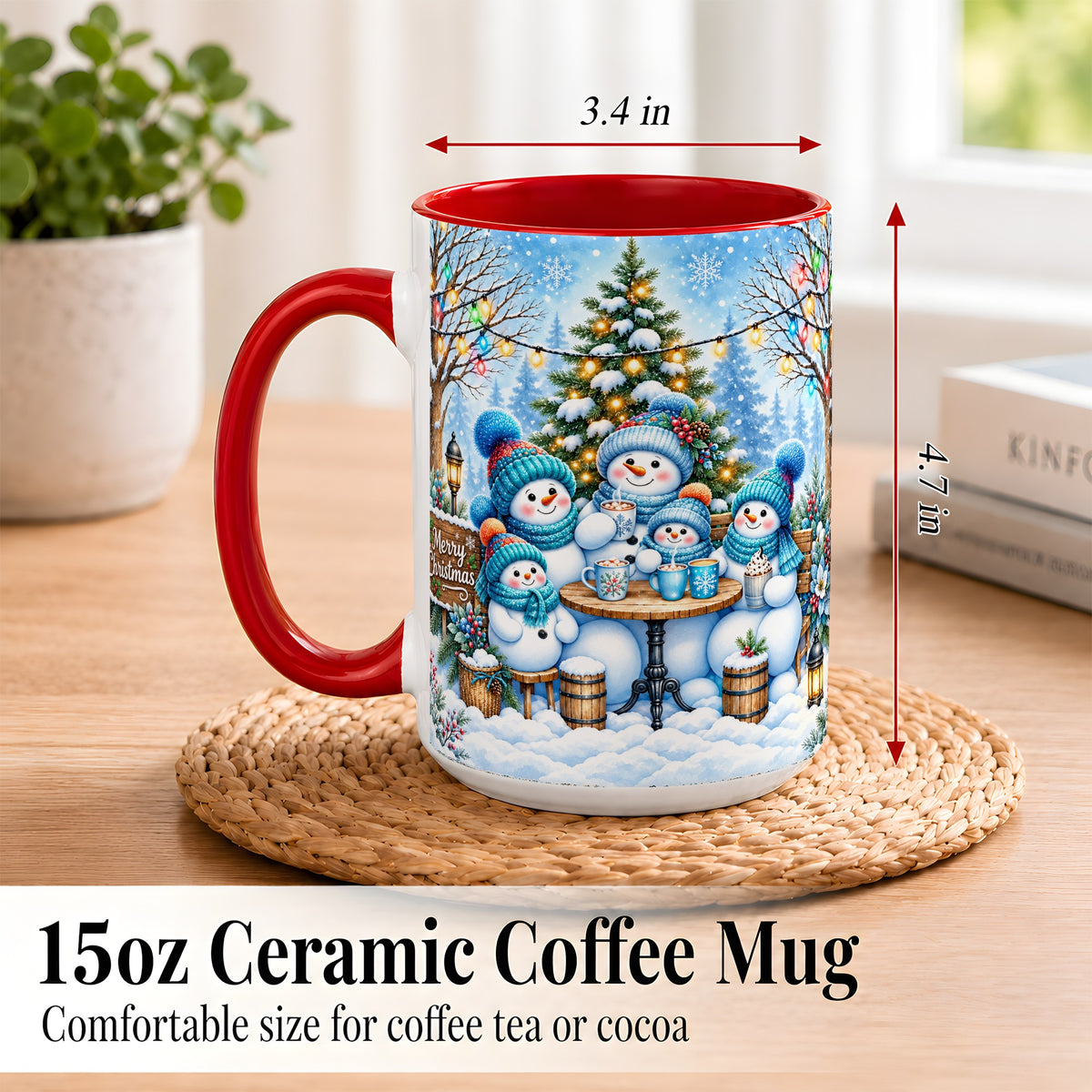 #pl[15oz|Red] Snowman Family Coffee Mug, Christmas Cocoa Snowmen Mug, Ceramic Cup