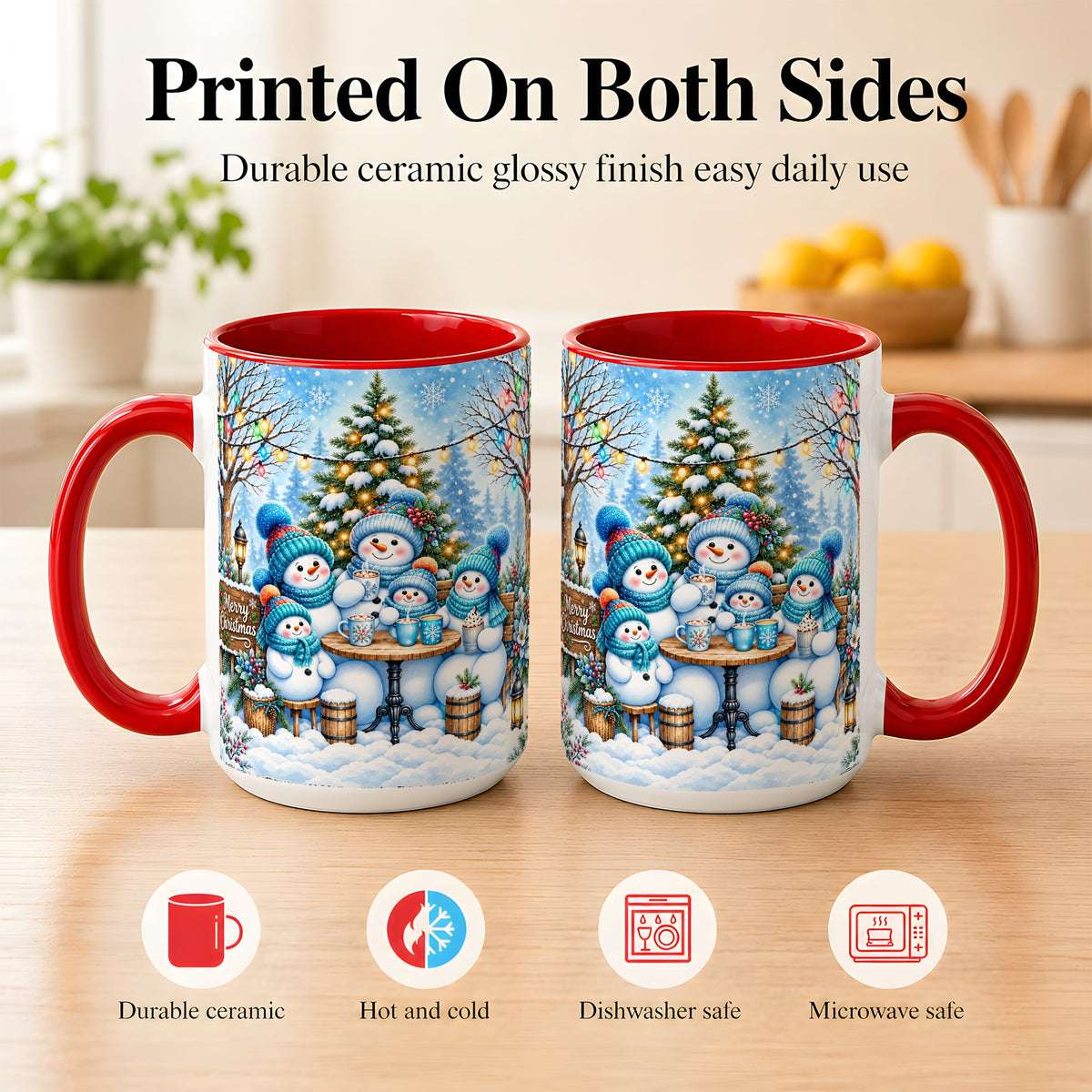 #pl[15oz|Red] Snowman Family Coffee Mug, Christmas Cocoa Snowmen Mug, Ceramic Cup
