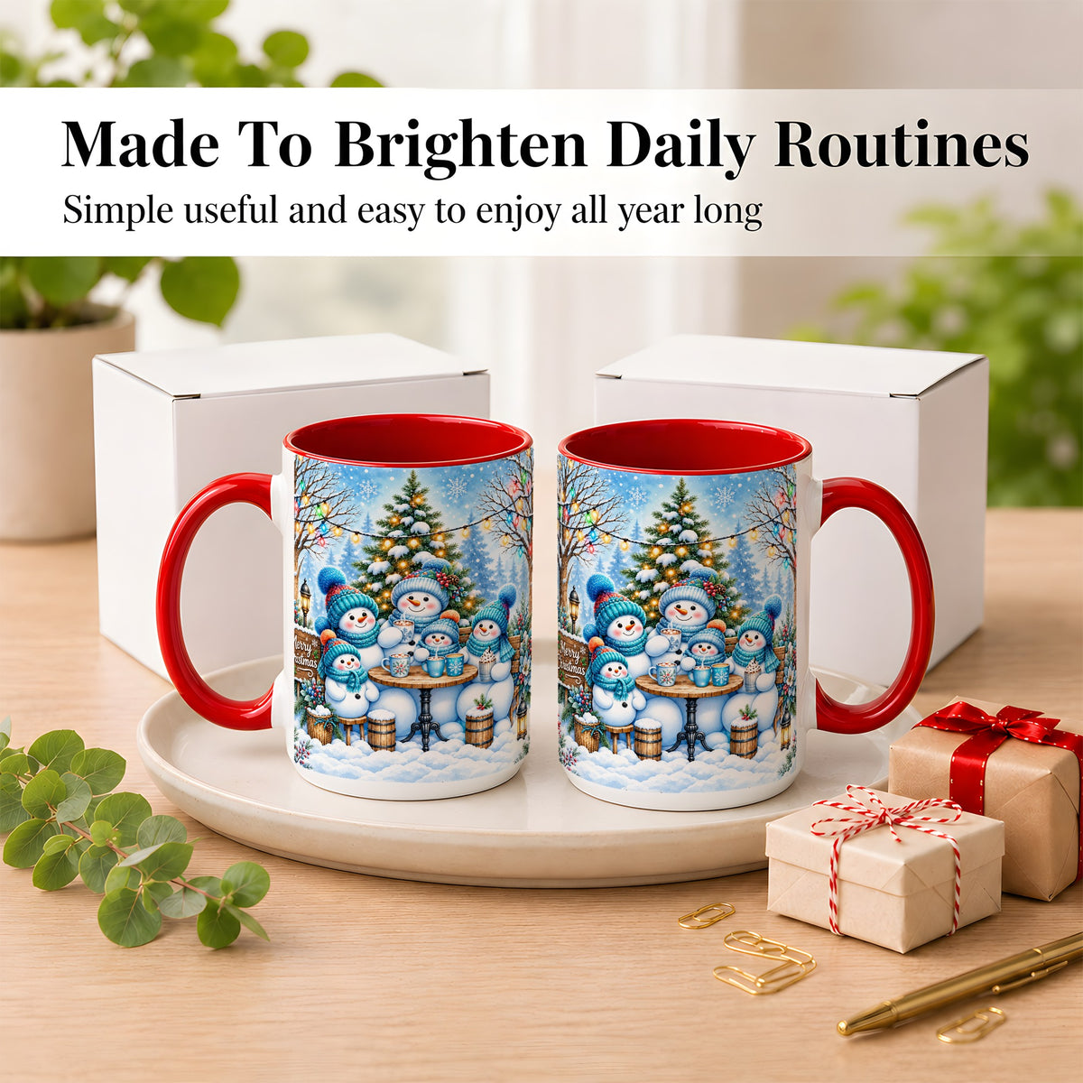 #pl[15oz|Red] Snowman Family Coffee Mug, Christmas Cocoa Snowmen Mug, Ceramic Cup